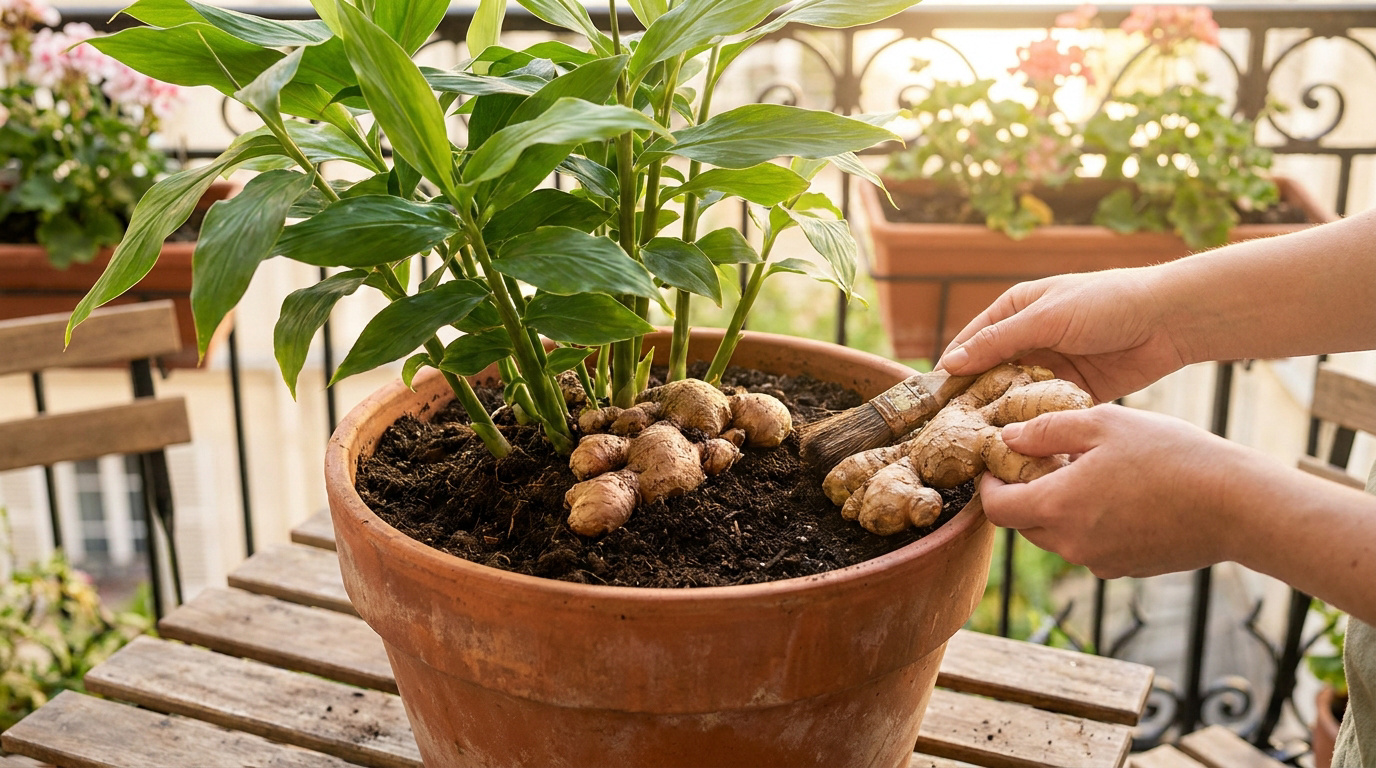 Mains nettoyant avec une brosse une racine de gingembre fraîchement récoltée dans un pot en terre cuite sur un balcon.