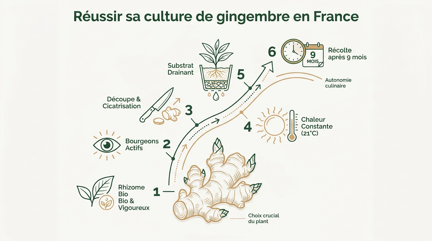 Rhizome de gingembre en cours de germination dans un pot en intérieur