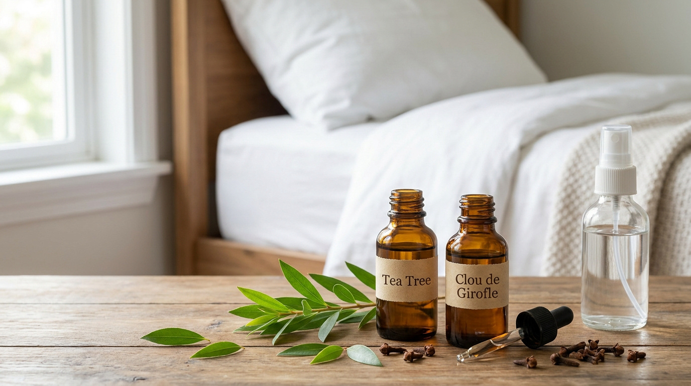 Flacons d'huile essentielle de Tea Tree et clou de girofle sur une table en bois devant un lit.