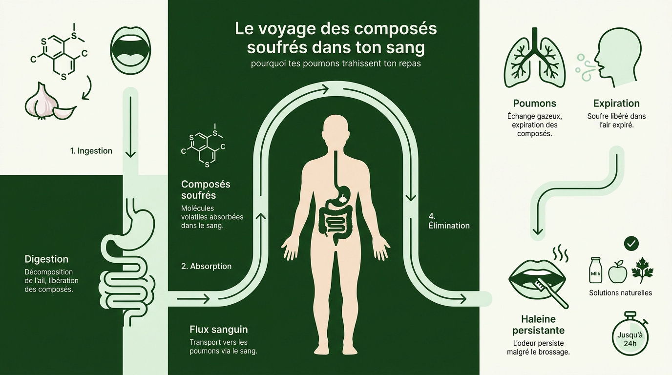 Schéma du trajet des molécules soufrées de l'ail dans le corps humain