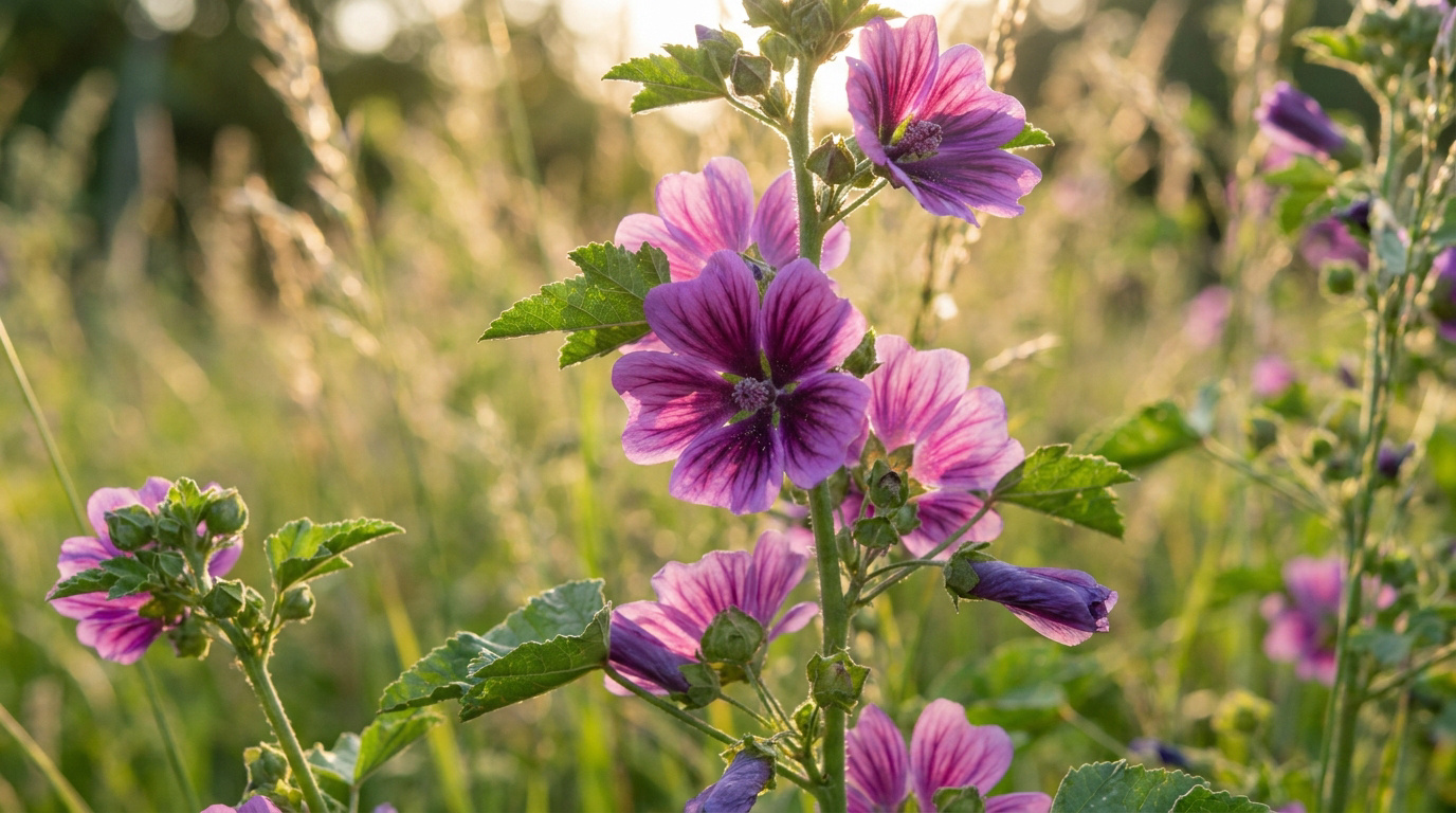 Fleurs de mauve sauvage violettes illuminées par la lumière dorée du soleil couchant dans une prairie.