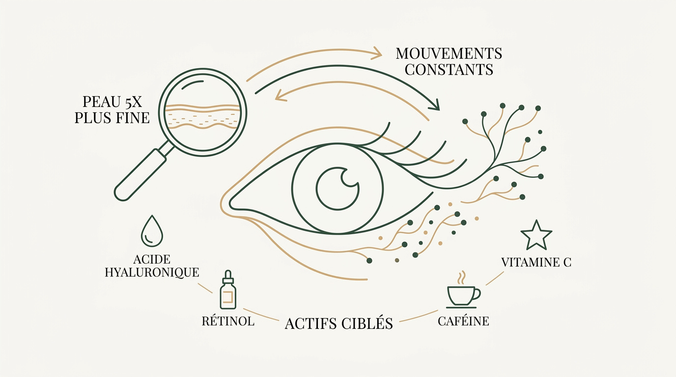 Application délicate d'un soin contour des yeux sur une peau fine