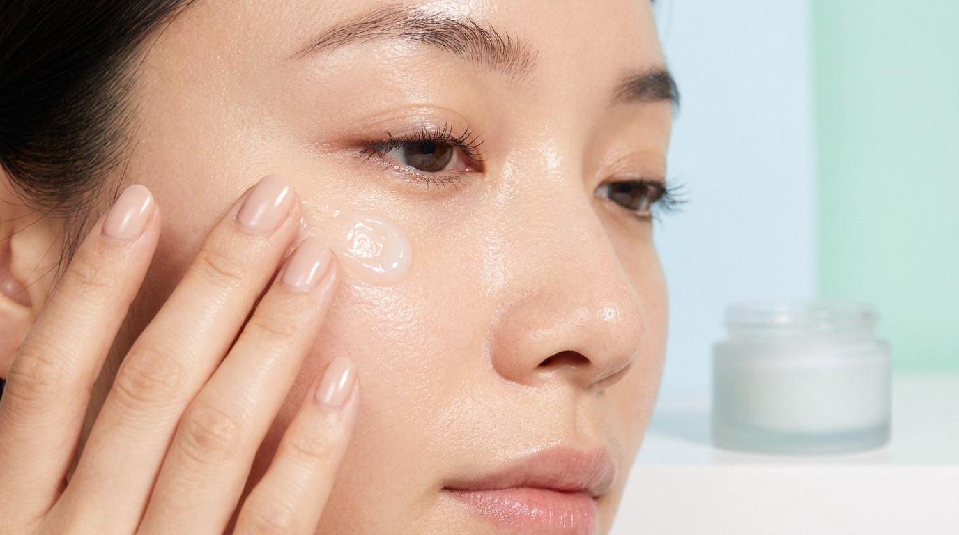 Une femme applique une crème hydratante transparente sous ses yeux avec son doigt, un pot de crème est posé à côté.