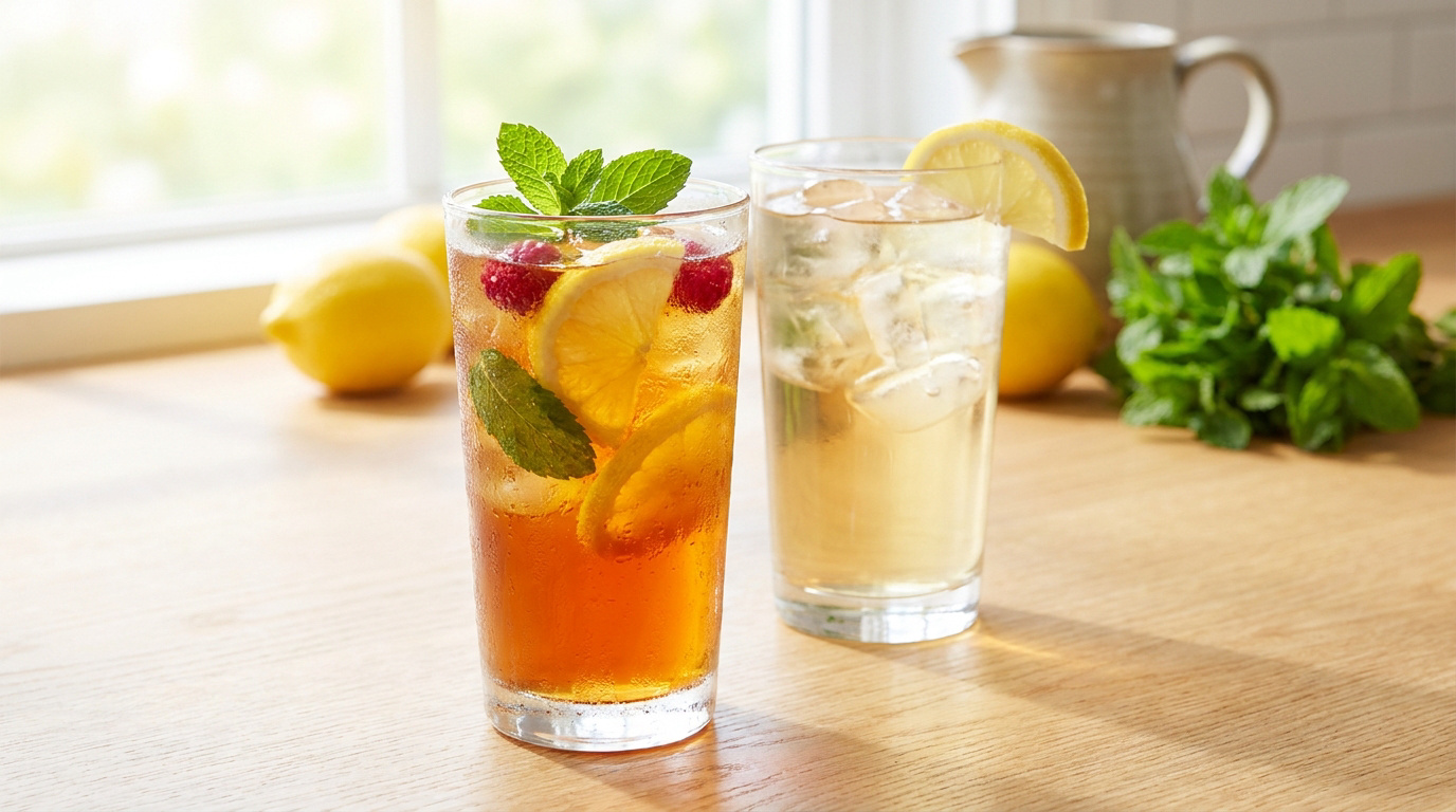 Deux verres de thé glacé rafraîchissant avec du citron, des framboises et de la menthe fraîche sur une table en bois.
