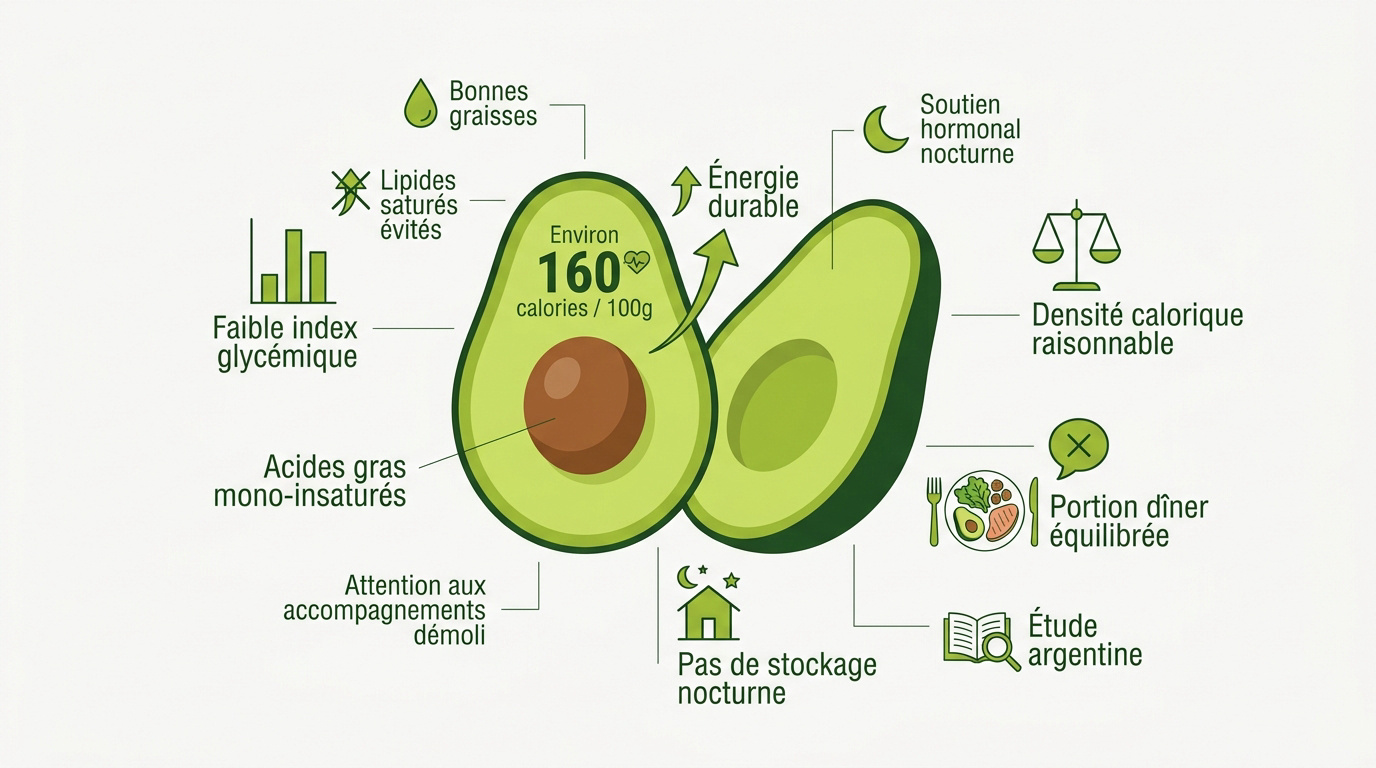 Demi-avocat frais sur une table en bois illustrant une alimentation saine et équilibrée le soir